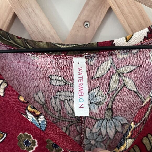 Watermelon 1X Burgundy Floral Print Fall Long Sleeve Dress - Picture 3 of 7